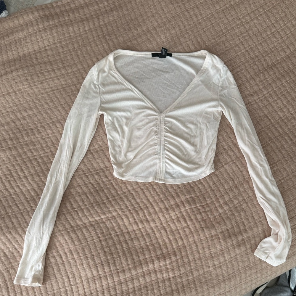 Forever 21 Cream Ruched Long Sleeve Top